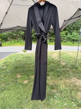 Adrianna Papell Black Satin-Trim Wrap Jumpsuit